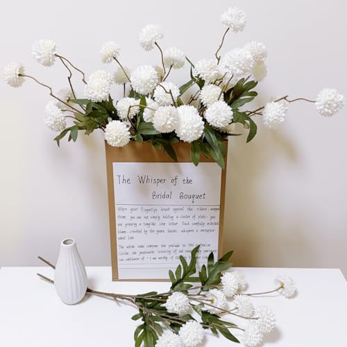 Kinisty 8 Pcs Artificial Flowers White Beige Faux Silk Pompon Mums, 20" Long Stem Fake Chrysanthemum Bouquet for Vase Farmhouse Home Decor, Wedding Centerpiece - color: Beige and White