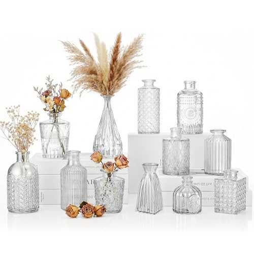 12 Pcs Clear Bud Vases Set, Small Vintage Glass Clear Bud Flower Vases Bulk Multiple Shape Cute Mini Glass Bottles Vases for Rustic Wedding Centerpieces Table Decorations and Home Decor - color: Clear