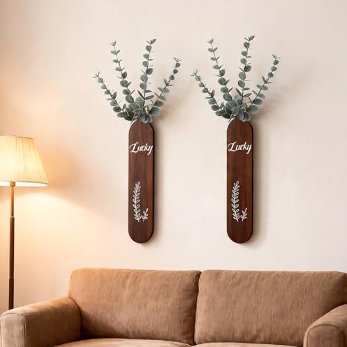 Woration 1PC Hanging Wooden Artificial Eucalyptus Leaves Stem Wall Decoration Brown Wood Vase Planter with Fake Greenery Branches for Home Office Wedding Christmas Decor | Wood Vase Planter, Fake Greenery Branches, Home Office Wedding Christmas Decor, 1PC