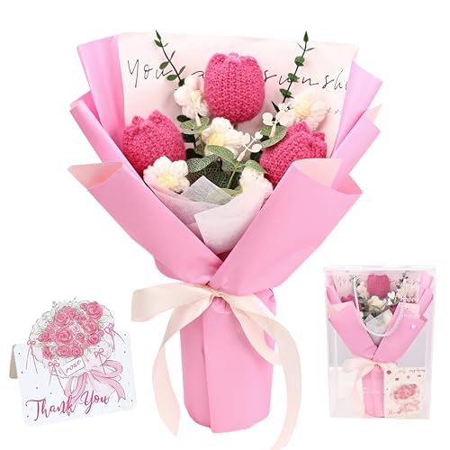 Crochet Flowers Bouquet for Her Handmade Crochet Tulips Artificial Eucalyptus Includes Handheld Gift Box and Card for Home Decor Anniversary Birthdays Mother's Day Graduation Gifts (Pink) - color: Pink