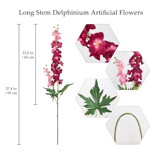 6Pcs Delphinium Artificial Flowers 37.4’’ Faux Silk Larkspur Flowers Long Stem Artificial Flowers for Tall Vase Table Home Wedding Party Garden Decor(Hot Pink) - color: Hot Pink