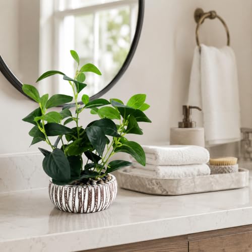 Artificial Potted Plants Life-Like Fake Plant with Farmhouse-Style Cement Planter Feturing Light Wood Tone for Room Bathroom Bedroom Kitchen Office Dese Coffee Table Décor (12.8inch) - size: Ficus 12.8inch