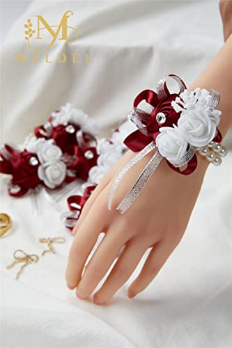 4pcs Burgundy Wedding Corsages Faux Silk Wine Red Rose for Women | for Wedding, Prom, Homecoming, and Evening Party, Wrist Corsages with Pearls for Brides, Bridesmaids, Mother of the Bride - color: 4pcs Wine Red Wrist Corsages