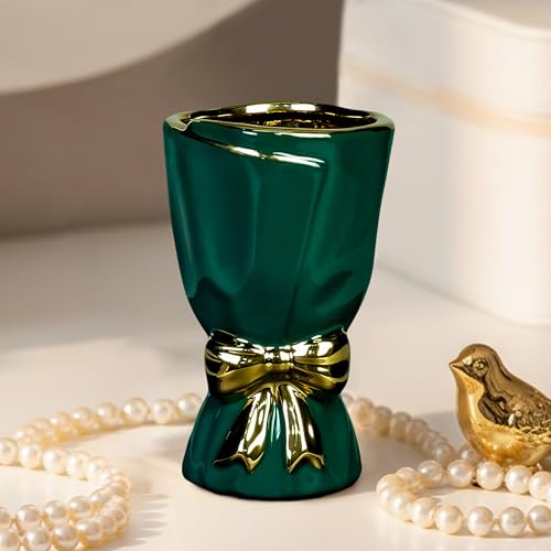 Green Ceramic Vases Home Decor, Modern Bow Vase for Flower - 7 Inch Small Decorative Vase for Bathroom, Shelf, Window Sill, End Table Decor, Dresser Centerpieces - color: Dark Green, size: 7 inch