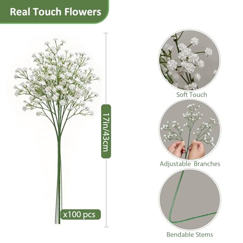 100 Pcs Baby Breath Artificial Flowers, Fake Babys Breath Gypsophila Flowers Bulk, Realistic Artificial Flowers Bouquet Flores Artificiales para Decoracion for Wedding Party Home Decoration - color: White, size: 100 Pcs
