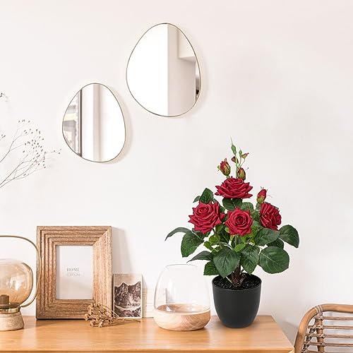 Hollyone Artificial Plants & Flowers in Vase Red Roses Artificial Flowers Potted Plant Faux Silk Flower with Black Pot Fake Rose Flower Arrangement Home Decor Bathroom Shelf Desk Decoration 15 Inch - color: Rose 1 - Red (15inch)
