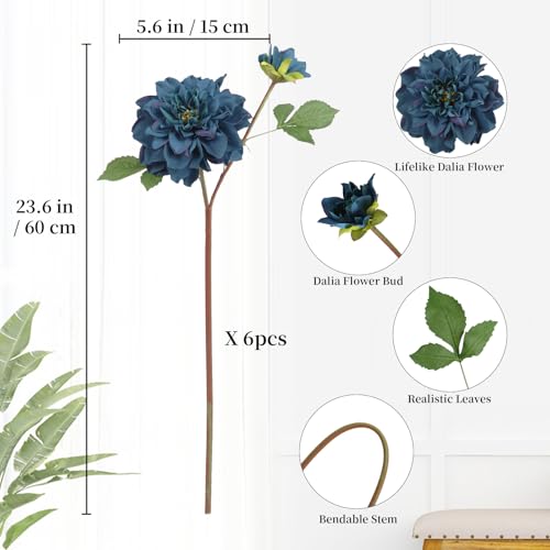 6pcs Large Fake Dahlia Artificial Flowers Blue Faux Dahlia Silk Flowers with Long Stem for DIY Wedding Craft Bouquets Party Floral Arrangements Home Tables Decor（Blue - color: Blue