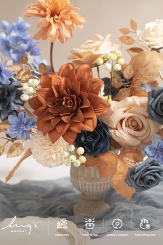 Ling's moment Burnt Orange & Navy Artificial Flowers and Greenery Deluxe Combo Box Set, Terracotta Fake Flower for DIY Wedding Bridal Bouquet, Centerpieces Decor, Floral Arrangement Decor, etc. - color: Or-burnt Orange & Navy, size: Deluxe