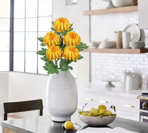 Hollyone 5Pcs Fake Mums Flowers Yellow Artificial Chrysanthemum Flowers Silk 22.8inch Long Stem Floral Arrangements Bouquets Faux Spider Mum Flower Pincushion Flower Bush Spring Home Decor - color: Yellow