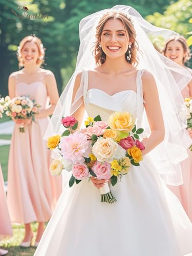 Serwalin Artificial Pink Yellow Flowers, Silk Fake Flowers for DIY Wedding Bridal Bouquets, Wedding Cake Flowers for Table Centerpieces Baby Shower Birthday Party Home Decorations - color: Angelic Pink & Yellow, size: Square