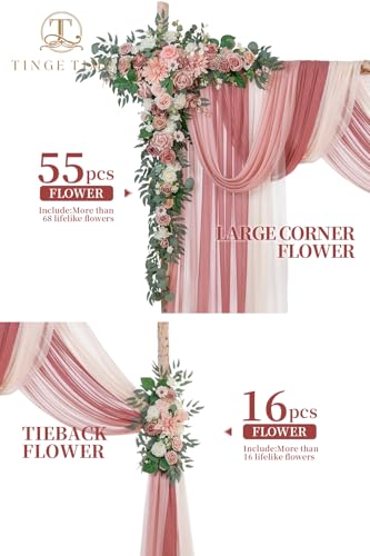 TINGE TIME Wedding Arch Flowers Kit - Deluxe 5pcs Artificial Floral Swag with 3 Sheer Drapes, Realistic Silk Flower Arrangements for Wedding Ceremony Arbor Backdrop Reception Party Home Decor - color: Dusty Rose & Cream