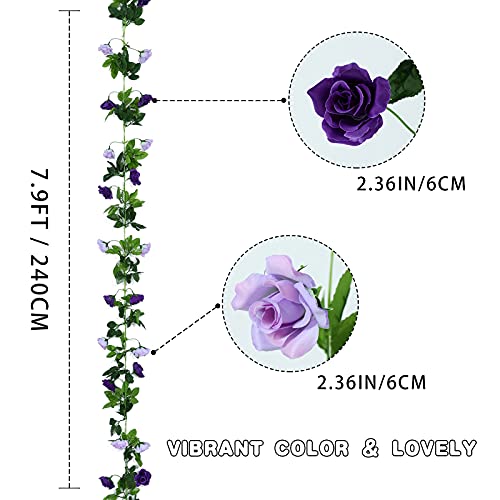 Floweroyal 2 Pack Artificial Flower Garlands 15.8FT Fake Rose Vines Silk Flowers Hanging Rose Ivy for Wedding Arch Party Home Garden Wall Decor (Purple) - color: Purple, size: 2pcs