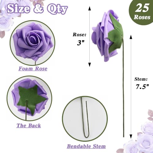 25Pcs Roses Artificial Flowers, Lavender Fake Roses for Decorations Floral Arrangement, Purple Foam Fake Flowers with Stem for DIY Wedding Bouquet Bridal Shower Mothers Day Party Home Decor - color: Purple