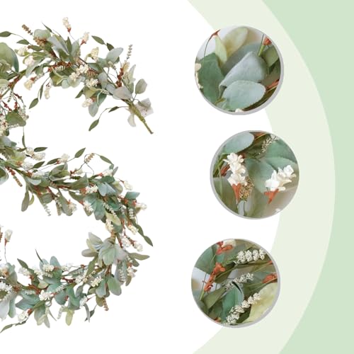 70 Inch Lamb Ears Greenery Garland with Ivory Forsythia Flowers, Year Round Farmhouse Floral Garland for Mantel Stair Fireplace, All Seasons Indoor Outdoor Everyday Decor - color: Garland