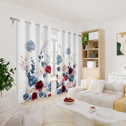 Renaiss Floral Blackout Curtains Watercolor Gray Blue and Red Peony Flower Bloossom Thermal Insulated Window Drapes for Bedroom 29W x 45L inches 2 Panel Set Window Curtains for Kitchen - color: Bold Red, size: 29"W x 45"L (Pack of 2)