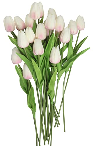 10-Heads Home Decor Mini Tulip Real Touch Tulip Artificial Flowers Bouquets for Home Wedding Party Centerpiece Decoration (Pink and White) - color: Pink and White