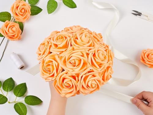 16 Pcs Orange Roses Artificial Flowers | Orange Foam Roses with Stems, Artificial Flowers for DIY Gothic Decor, Halloween Arrangements, Home Accents - color: Orange