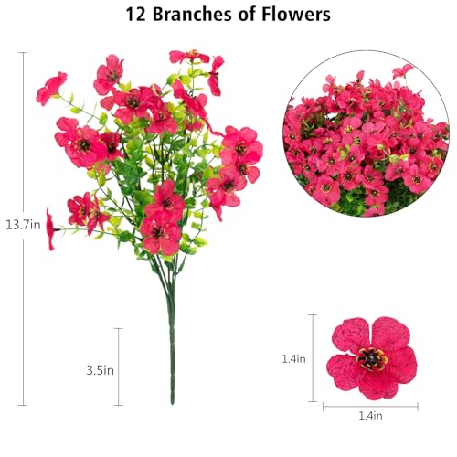 12 Bundles Artificial Flowers for Outdoor Fake Plastic Flowers Faux Plants for Decoration Hanging Planters Indoor Outside Garden Porch (Rose Red) - color: Rose Red-12 Bundles