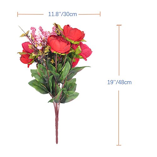 2pcs Artificial Peony Bouquets,19 Inch Silk Peony Bunch with 7 Faux Flowers,Classical Style Artificial Flowers with Leaves and Ornaments for Wedding,Home Décor Centerpieces(Red) - color: Red, size: Pack of 2