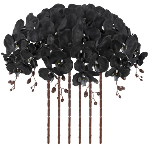 6PCS 41in Artificial Orchid Flowers Faux Orchid Velvet Silk Orchids That Look Real Long Stem Artificial Flowers for Tall Vase for Halloween Home Party Décor (Black) - color: Black