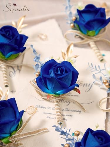 Serwalin 6 PCS Royal Blue Rose Boutonniere for Men, Artificial Silk Flower Boutonniere for Wedding Groom Groomsmen, Prom Homecoming Formal Party Suit Decoration - color: Royal Blue, size: Boutonniere 6pcs