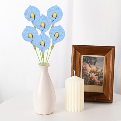 M METERXITY 6-Pack Crochet Flowers, Knitted Artificial Wool Calla Lily for Mother's Day/Wedding/Birthday/DIY Decor, Handmade Knitted Flowers [Blue] - color: Blue