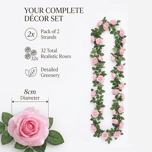 2 Pack Artificial Pink Rose Garland Vine - Total 16FT Silk Fake Blush Pink Rose Flower Hanging Vine for Wedding Arch Home Wall Decor Valentine's Day Mother's Day Baby Shower Party - color: Pink