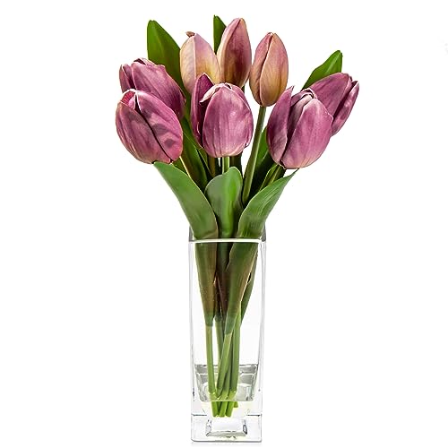 Briful Fake Flowers Artificial Tulip Flower Purple in Clear Vase, Real Touch EVA Tulip Arrangement Suitable for Home Office Fall Decoration, Dining Table Centerpiece - color: Palevioletred