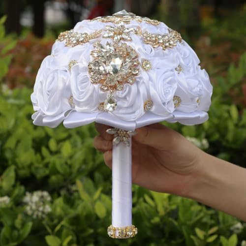 8.7in White Bridal Wedding Bouquet Handmade with Luxury Gold Rhinestone Brooch for Bride Bridesmaid Quinceanera Satin Rose Bouquet Flower Wedding White - color: White, size: Large (DIA. 8.7"/22cm)