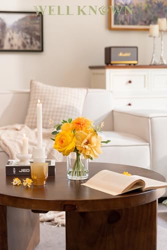 WELL KNOWN Artificial Flowers in Glass Vase with Fake Water, Silk Peony Rose Flower Bouquet for Home Dining Table, Office, Hotel, Wedding, Birthday Party, Lavatory Decor & Mom's Gift (Yellow & Orange) - color: Yellow & Orange