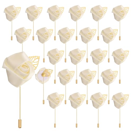 uxcell 24pcs Beige Rose Boutonnieres Flower Buttonholes Pocket Boutonnieres Pins for Wedding Ceremony Anniversary Prom Formal Dinner Party - color: Beige