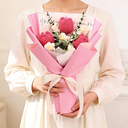 Crochet Flowers Bouquet for Her Handmade Crochet Tulips Artificial Eucalyptus Includes Handheld Gift Box and Card for Home Decor Anniversary Birthdays Mother's Day Graduation Gifts (Pink) - color: Pink