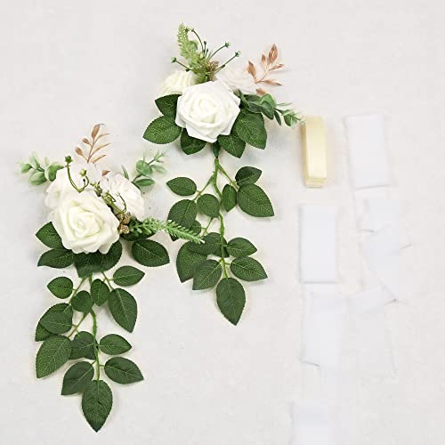 Wedding Aisle Decorations for Wedding Ceremony Set of 10 Pew Flowers for Church Chair Decorations Party Decor with Artificial Flowers Eucalyptus and Ribbons White - color: White