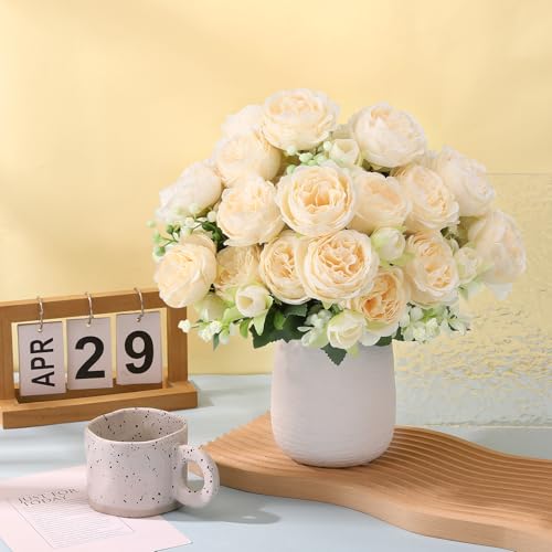 8 Pack Champagne Peonies Artificial Flowers, Cream Fake Silk Hydrangea Bouquet for Bridal Wedding Home Table Decor Reusable Dining Opening Ceremony Birthday Arrangement Faux Floral - color: Champagne
