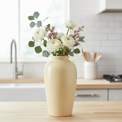 Beige Ceramic Vase for Home Decor - 11 Inch Tall Boho Vases for Flower, Modern Textured Vase for Centerpieces, Pampas Grass, Living Room, Kitchen, Fireplace, Entryway Decor - color: Beige