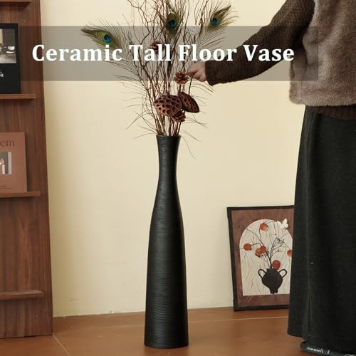 Ceramic Tall Floor Vase, 29" Tall Terracotta Large Decorative Vases for Rustic Modern Boho Home Decor, Living Room Decoration, Big Standing Vase for Pampas Grass, Flowers, Dried Flowers - color: Black