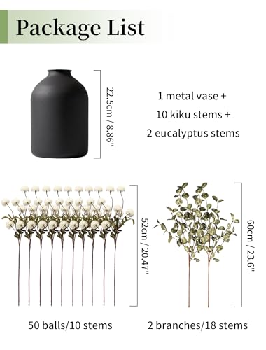 BLOSMON Fake Flowers in Vase for Centerpieces: Metal Vase with 12 Stems of Artificial Mums Kiku Flowers Eucalyptuses Dining Table Decor - White Faux Silk Pom Poms Floral Arrangements for Home Indoor - color: White