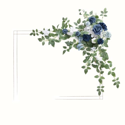 Ling's moment Wedding Artificial Welcome Sign Flowers Swag Arch Floral Garland Decorations Dusty Blue Navy for Ceremony Reception Entrance Entryway Party Banquets Easel Home Outdoor(NOT Include Sign) - color: Dusty Blue & Navy