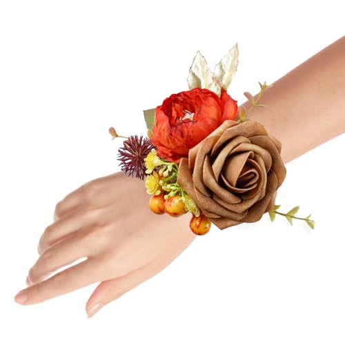 Set of 2 Wrist Corsage Wristlet for Wedding Bridesmaid Mother Grandmother for Bridal Shower Wedding Artificial Roses Flower Prom Burnt Orange Cream Yellow - color: Burnt Orange