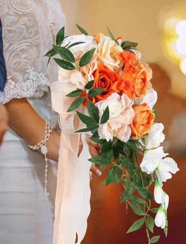Wedding Bouquet,10 Inch Terracotta Bouquet Cascading Bridal Bouquets for Bride for Wedding Ceremony and Anniversary(Orange) - color: Orange