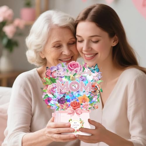 Birthday Card for MOM, LIGHTS & MUSIC Mothers Birthday Pop Up Card, Rose Lily Orchid and Butterflies, 10 Inch Life Sized Forever Flower Bouquet Mother’s Day Cards from Daughter, Son, Husband, Gifts Cards for Mom Wife Grandma - size: MOM