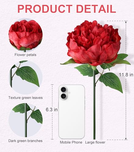 florisso Red Peony Artificial Flowers - 11 Branches Silk Peonies for Wedding Floral, Table Decor & DIY Bouquet Crafts (Artificial Peonies) - color: Peony-red