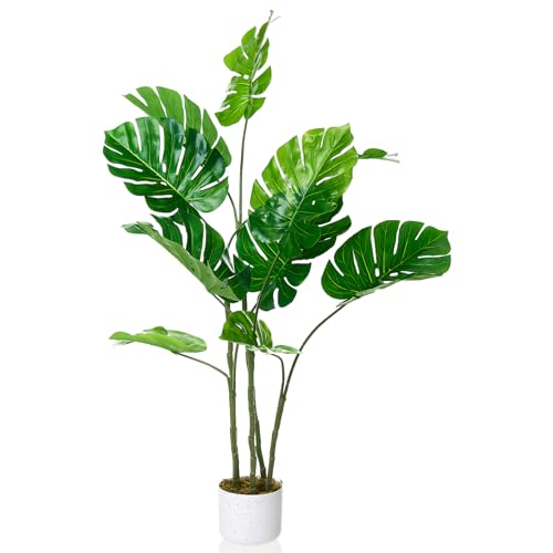4FT Artificial Monstera Deliciosa Plant in White Planter Pot, Faux Split Leaf Philodendron Tree, Realistic Indoor Outdoor House Plants Swiss Cheese Floor Tree for Living Room Home Office Decor