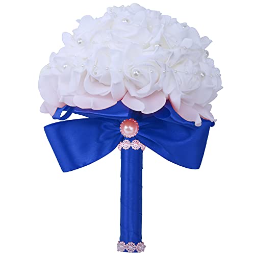 Wedding Bouquets for Brides or Bridesmaids Pearl Embellishment Roses Bridal Bridesmaid Wedding Hand Bouquet Artificial Fake Flowers.(Blue) - color: Blue