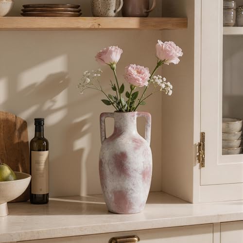Ceramic Flower Vase with Handles, 12.8 inch Tall Farmhouse Vase Rustic Vases Decorative Pottery Vases Large Floor Vase for Home Decor Living Room Bookshelf Table Centerpiece Fireplace, Terracotta - color: 12.8 in - Terracotta