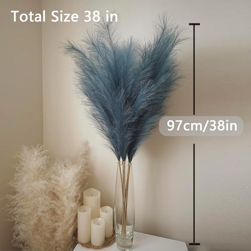 38" 10 Stems Tall Pampas Grass - Faux Fluffy Pampas Grass Tall Navy Blue for Boho Home Wedding Mothers Day Decoration - color: Navy Blue