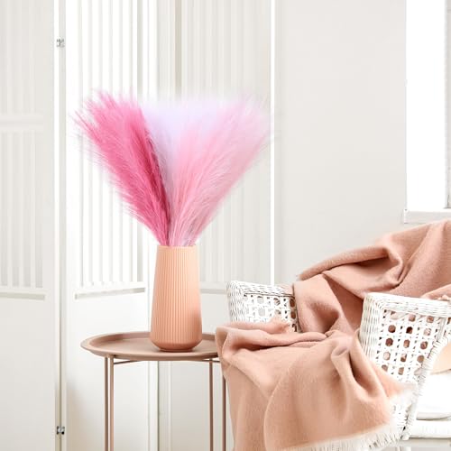 Pink Pampas Grass Decor 17.7 Inch 6pcs, Artificial Pampas Grass for Room Decoration, Blush Faux Pampas for Short Vase, Home Wedding Party Table Centerpieces