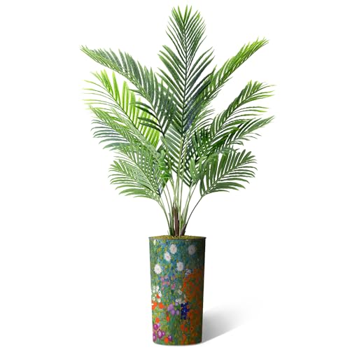 Artificial Tree in Colorful Flower Pattern Planter, Fake Areca Tropical Palm Silk Tree for Indoor and Outdoor Home Decoration - 66" Overall Tall (Plant Pot Plus Tree) - style: Areca Palm Tree