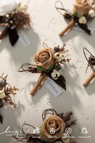 Ling's moment Boutonniere for Men, 6pcs Groom Groomsmen Boutonniere, Artificial Flowers for Wedding Decor/Prom/Homecoming, etc.Sand Beige White - color: Brn-sand Beige & White