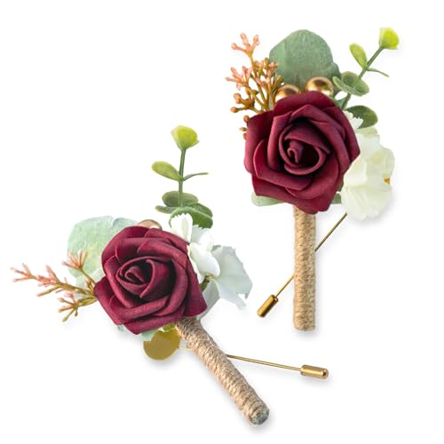 Boutonniere for Men Wedding, Groom Groomsman Artificial Rose Flowers for Wedding Anniversary Celebration,Prom,Party,Home Decoration Set of 2 (Burgundy) - color: Burgundy
